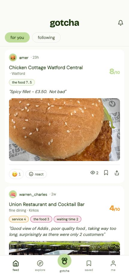 The Gotcha feed: real reviews with 0–10 scores and sub-ratings